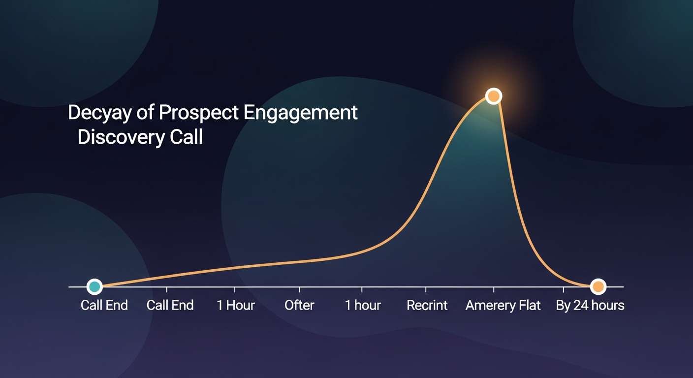 A timeline graphic showing the decay of prospect engagement after a discovery call — high at call end, dropping sharply after 1 hour, nearly flat by 24 hours