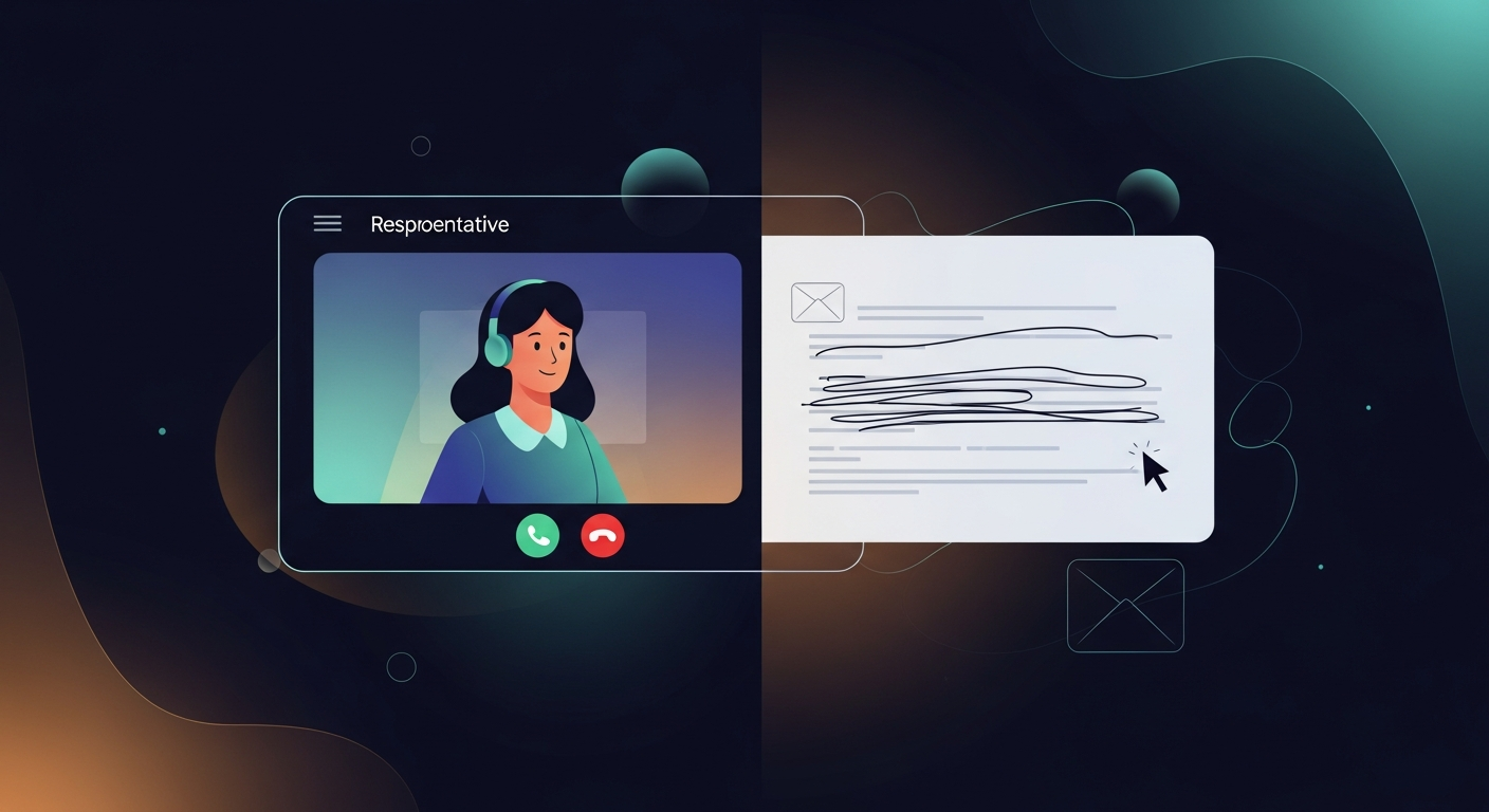 A split screen showing a rep on a clean video call on the left, and a messy email draft with a blinking cursor on the right — illustrating the gap between a great call and the follow-up