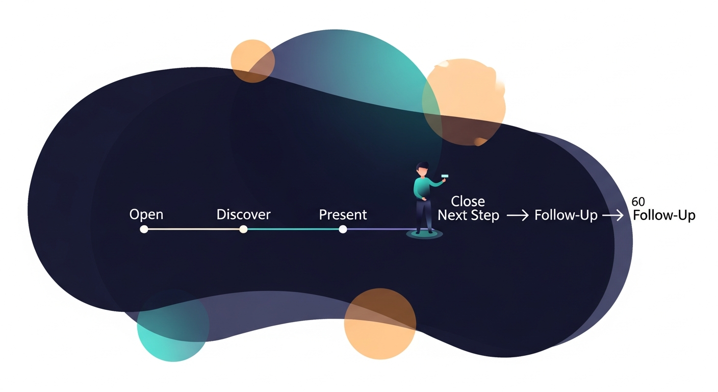 A simple timeline graphic showing the 4 stages of a video sales call: Open → Discover → Present → Close Next Step, with 'Follow-Up' as a fifth step happening 60 seconds after