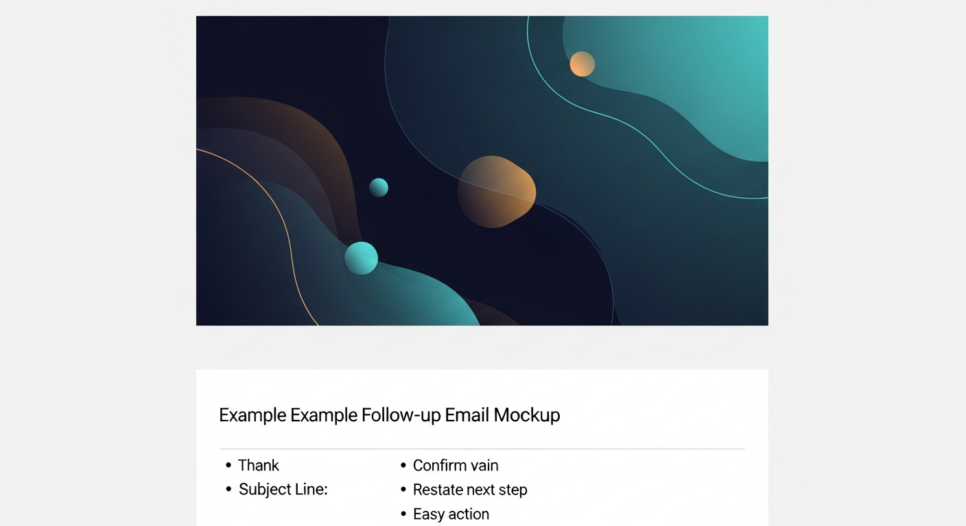 A clean example follow-up email mockup showing the 5 beats: thank, mirror pain, confirm value, restate next step, easy action — with the subject line and preview text visible