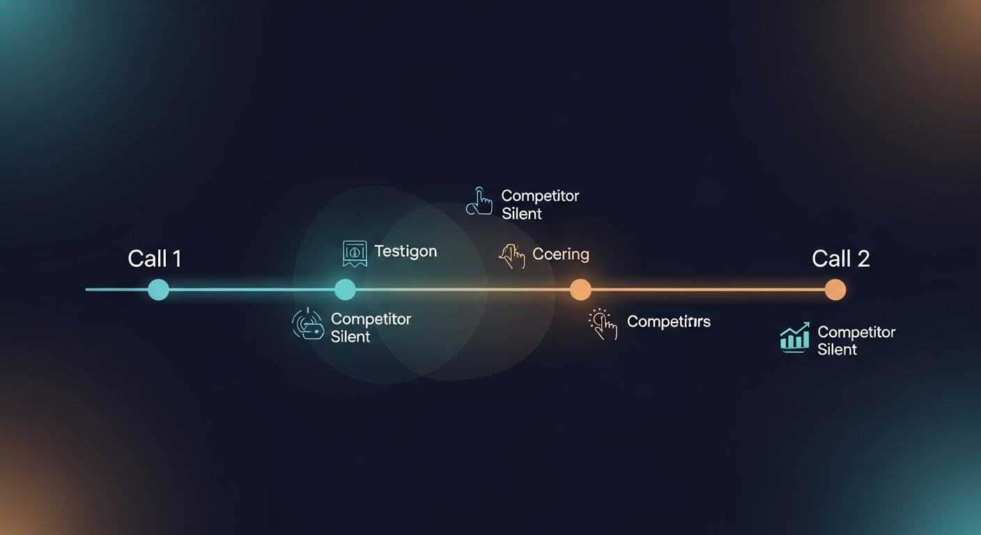 A timeline graphic showing the gap between Call 1 and Call 2, with competitor touchpoints appearing in the space where the rep went silent