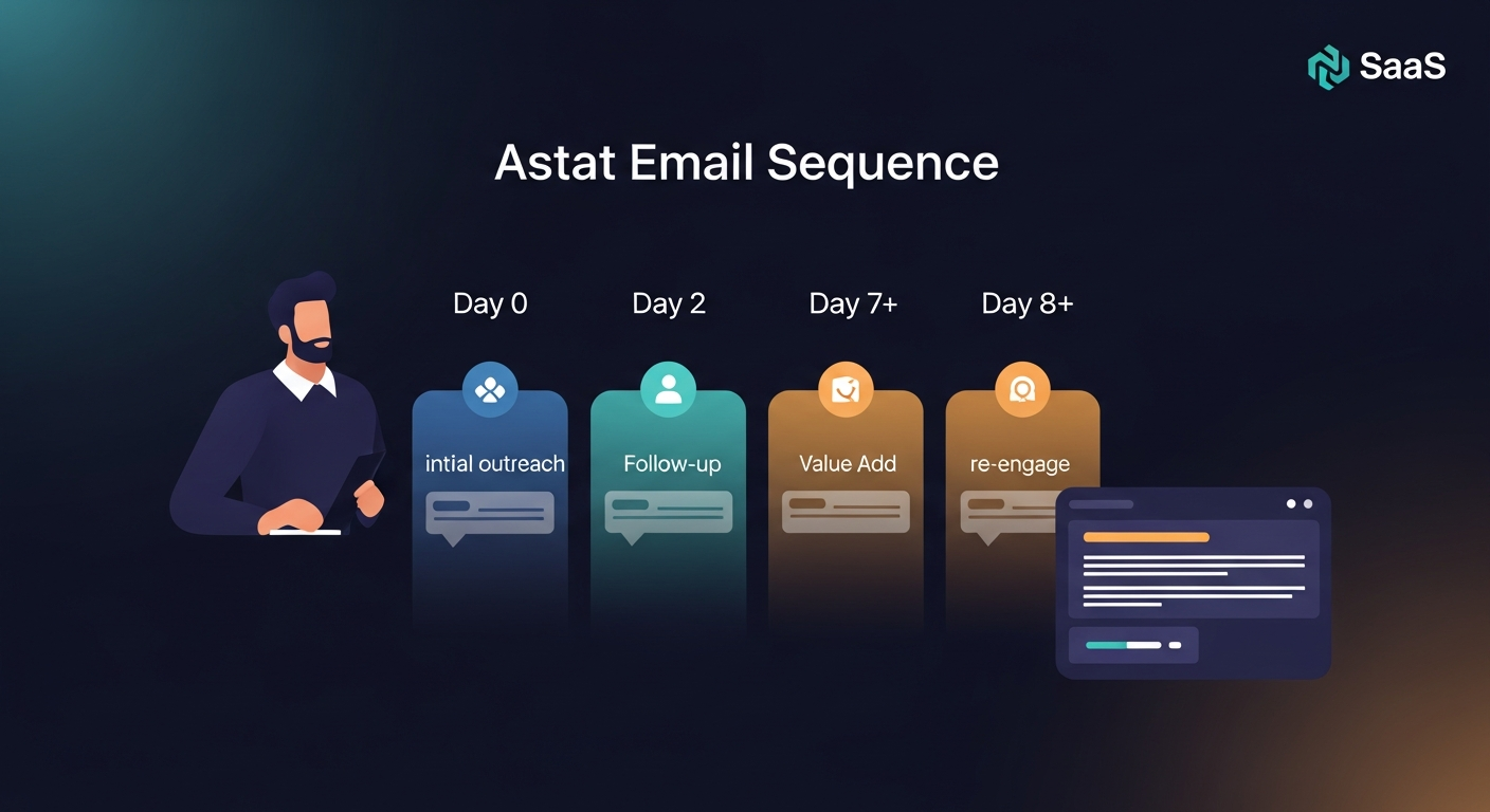 A four-step email sequence diagram with Day 0 through Day 8+, showing the purpose of each touchpoint in the between-call window