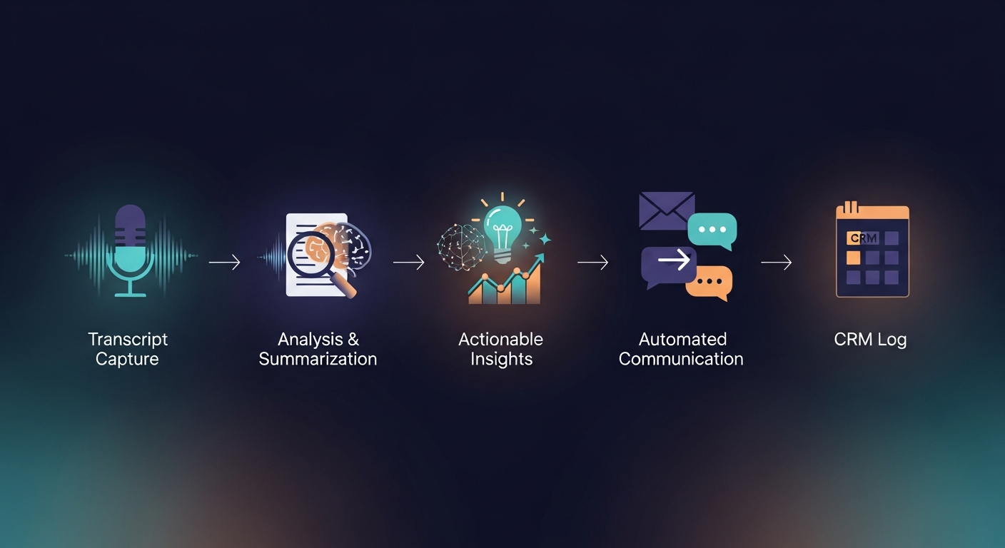 A simple workflow diagram showing the five-step async follow-up system from transcript capture to CRM log