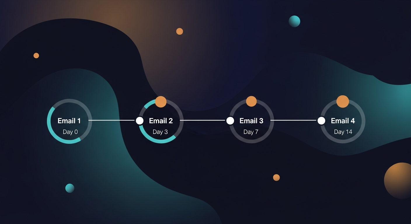 A simple timeline graphic showing Email 1 (Day 0), Email 2 (Day 3), Email 3 (Day 7), Email 4 (Day 14) with brief labels for each touch type