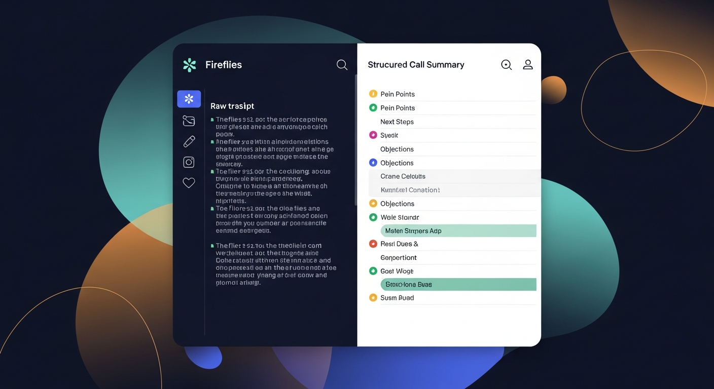 A split-screen showing a raw Fireflies transcript on the left and a clean structured call summary on the right, with key sections highlighted — pain points, next steps, objections