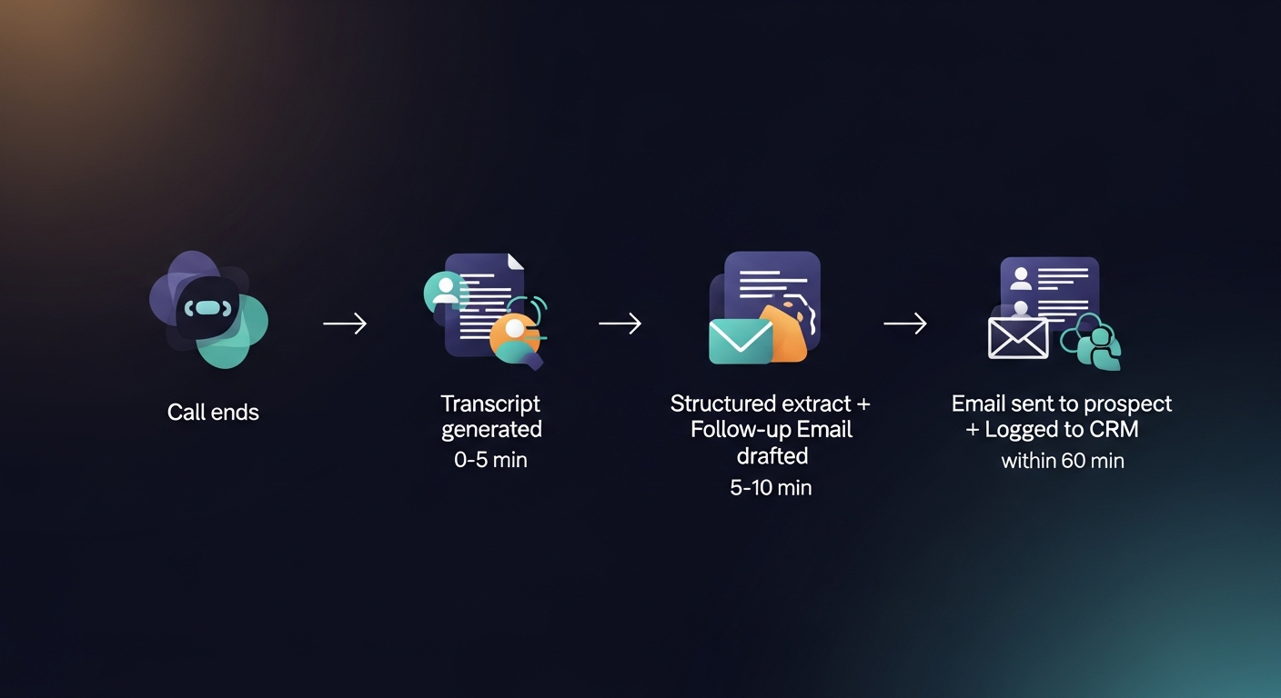 A timeline graphic showing the post-call workflow: call ends → transcript generated (0-5 min) → structured extract + follow-up email drafted (5-10 min) → email sent to prospect + logged to CRM (within 60 min)