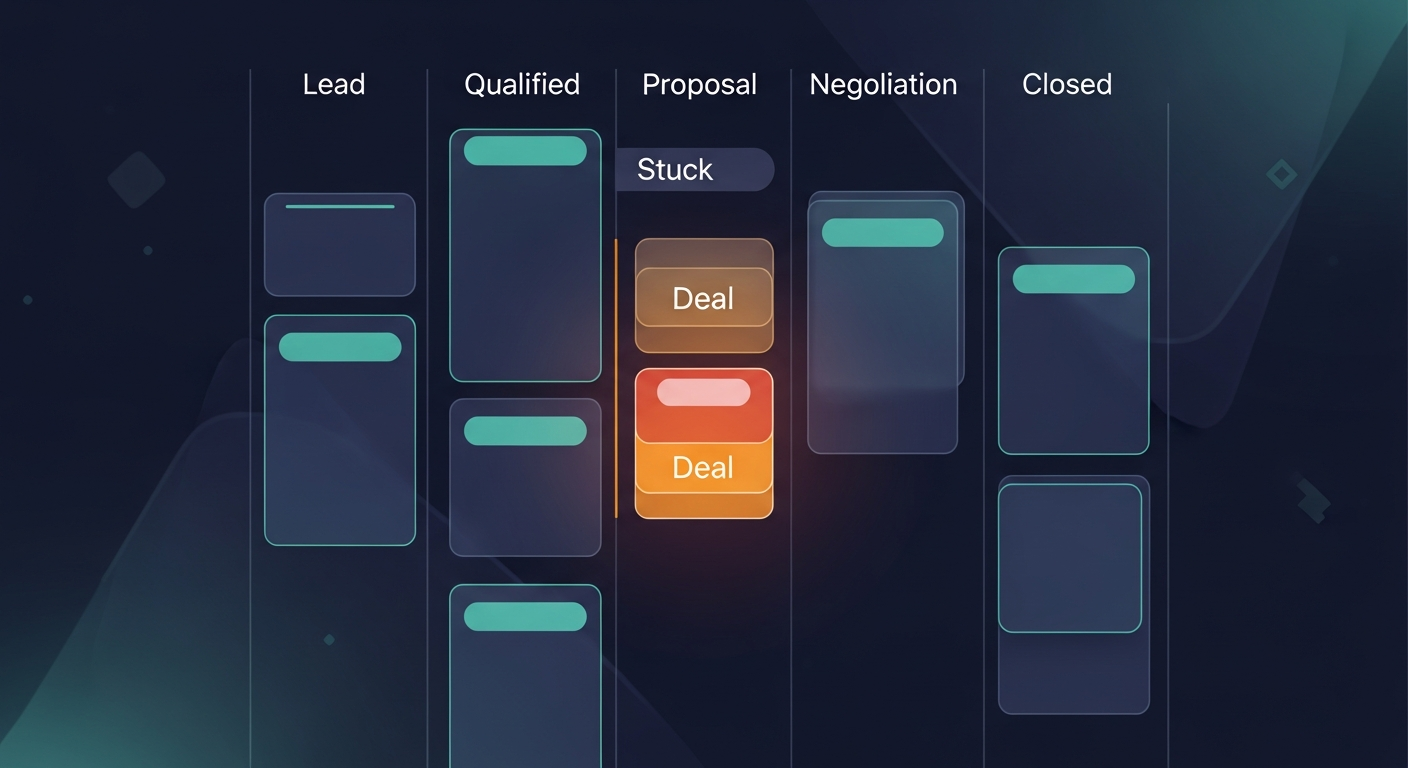 A pipeline kanban board with several deals stuck in the same stage for weeks, highlighted in amber/red to indicate risk