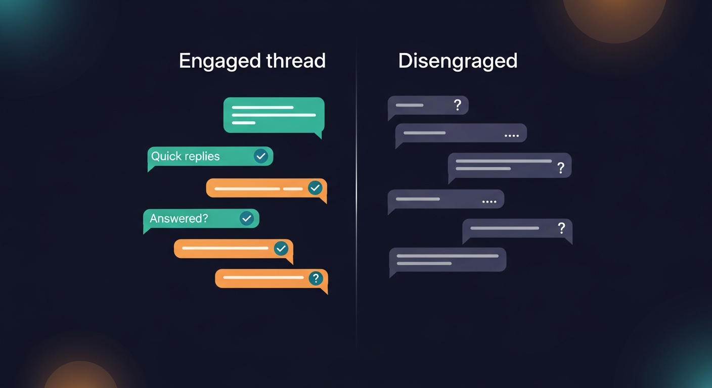 Side-by-side comparison of an engaged vs. disengaged email thread — one with quick replies and answered questions, one with long gaps and unanswered items
