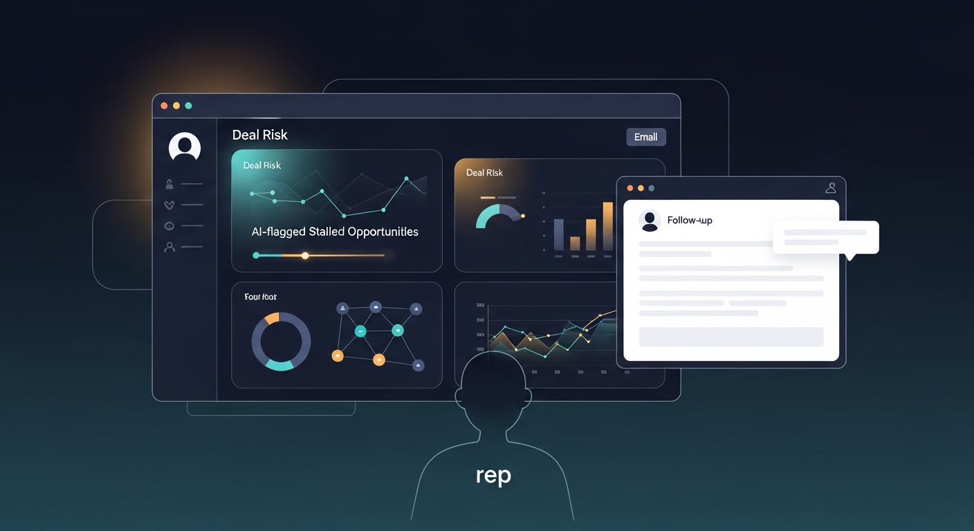 A rep reviewing a deal risk dashboard with AI-flagged stalled opportunities highlighted, next to an open email compose window