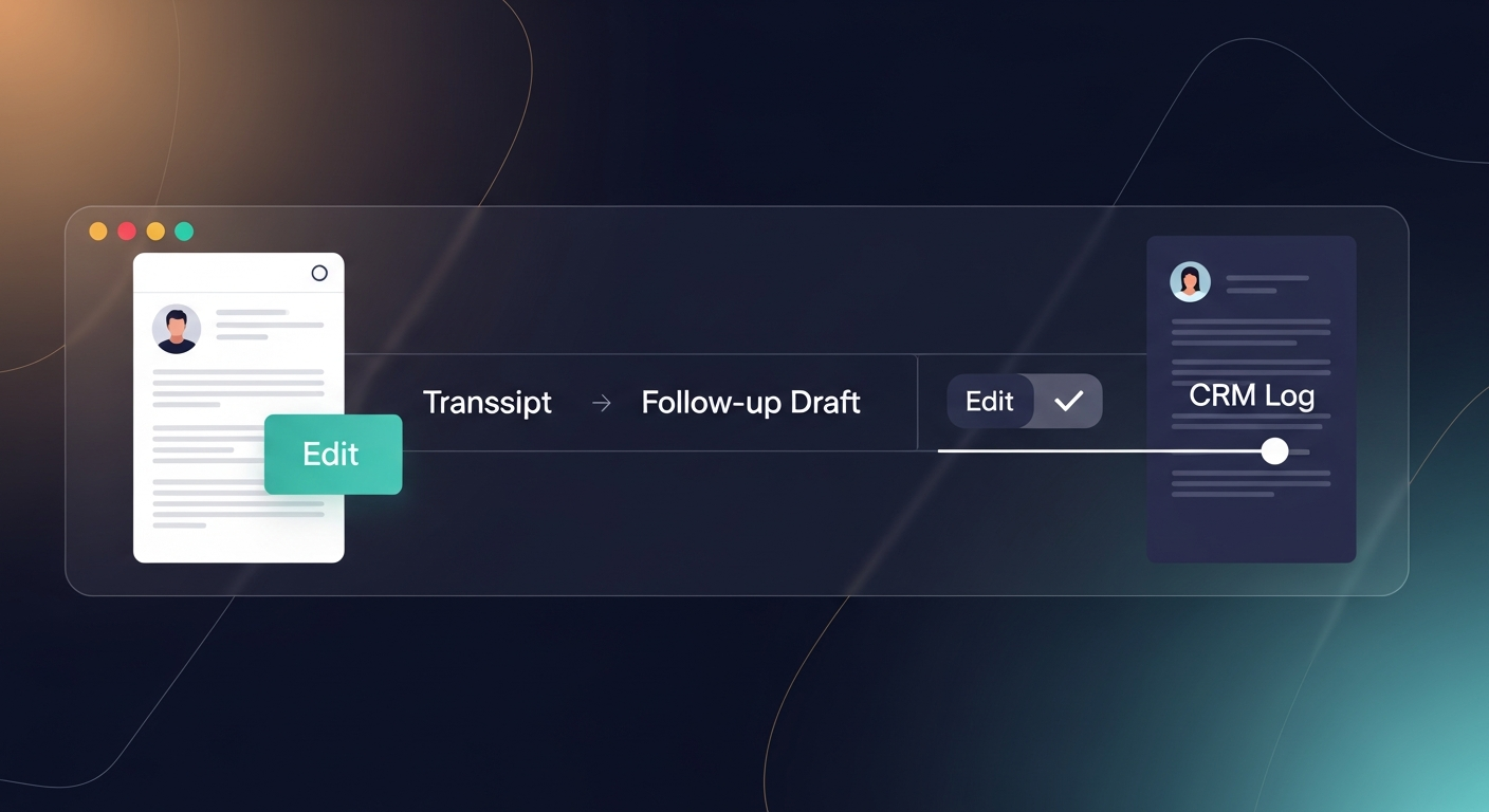 Screenshot mockup of a post-meeting workflow showing transcript → follow-up draft → CRM log as a single linear flow, with edit checkpoints marked