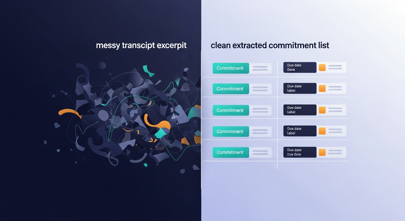 Side-by-side comparison of a messy transcript excerpt vs. a clean extracted commitment list with owner labels and due dates