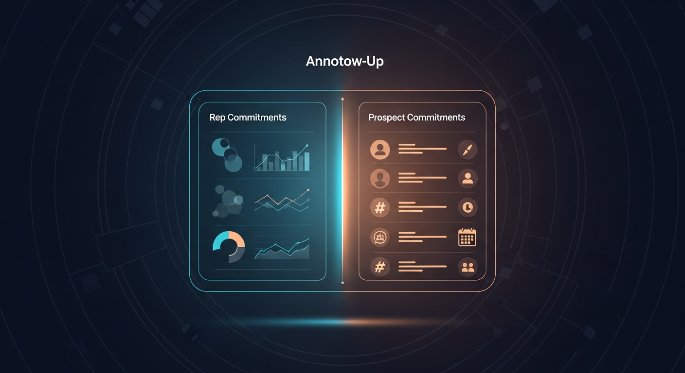 Annotated example follow-up email showing the two-column structure with rep commitments and prospect commitments clearly separated