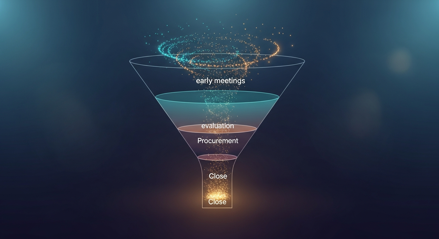 Simple funnel diagram showing how commitment tracking at early meetings compounds through later deal stages — evaluation, procurement, close