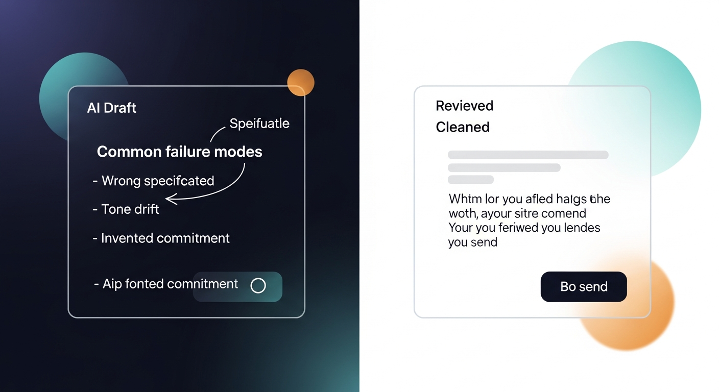 Side-by-side comparison of an AI draft with common failure modes annotated — wrong specificity, tone drift, invented commitment — versus a reviewed and cleaned version ready to send