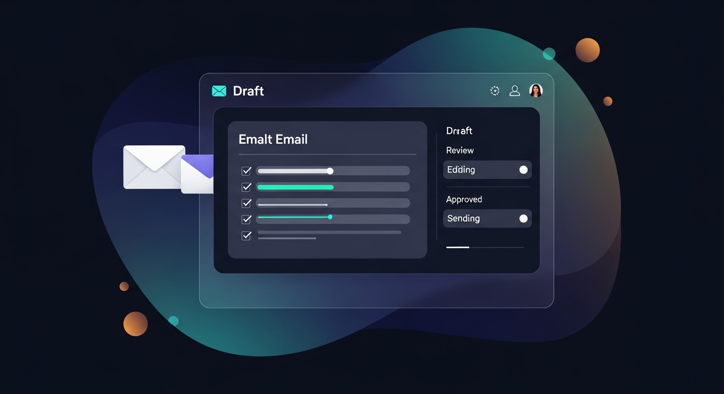 A clean UI mockup showing a draft email with inline editing highlights — the five review checkpoints visually marked in the draft before it's approved for send