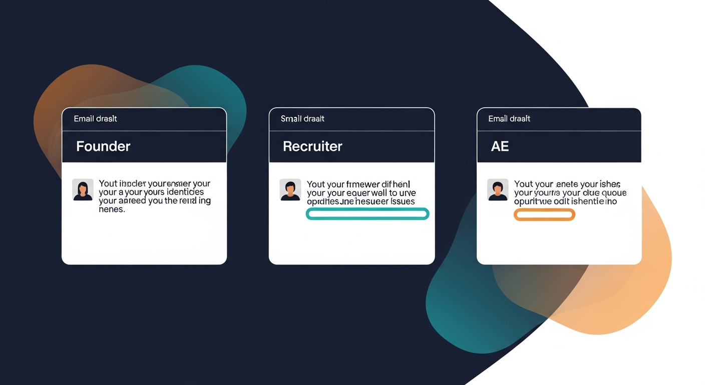Three email drafts side by side representing the three personas — founder, recruiter, AE — each with one key edit highlighted, showing how the review framework surfaces a different issue in each context