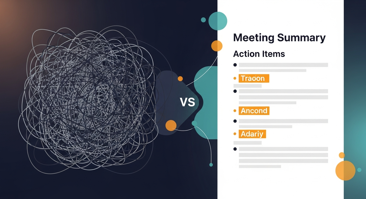 Side-by-side comparison of a messy raw transcript vs. a clean, structured meeting summary with action items highlighted