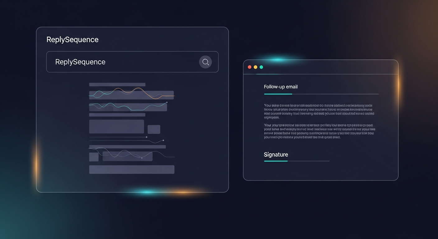 Screenshot mockup of a transcript being pasted into ReplySequence and a polished follow-up email appearing on the right side