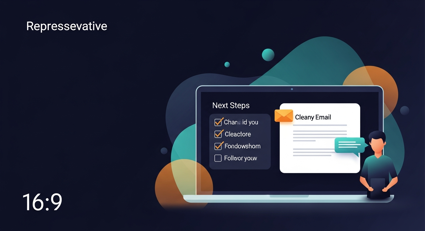 Illustration of a rep on a laptop with a clean email draft on screen, a checklist of next steps visible, showing the post-call workflow