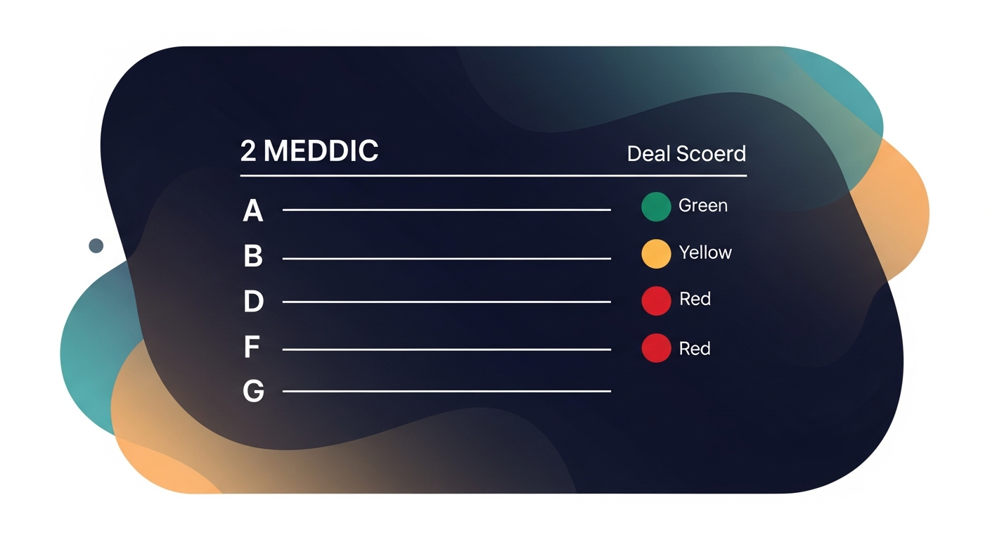 A 2-column checklist showing the six MEDDIC letters on the left and a traffic-light status column (Green/Yellow/Red) on the right, styled as a printable deal scorecard