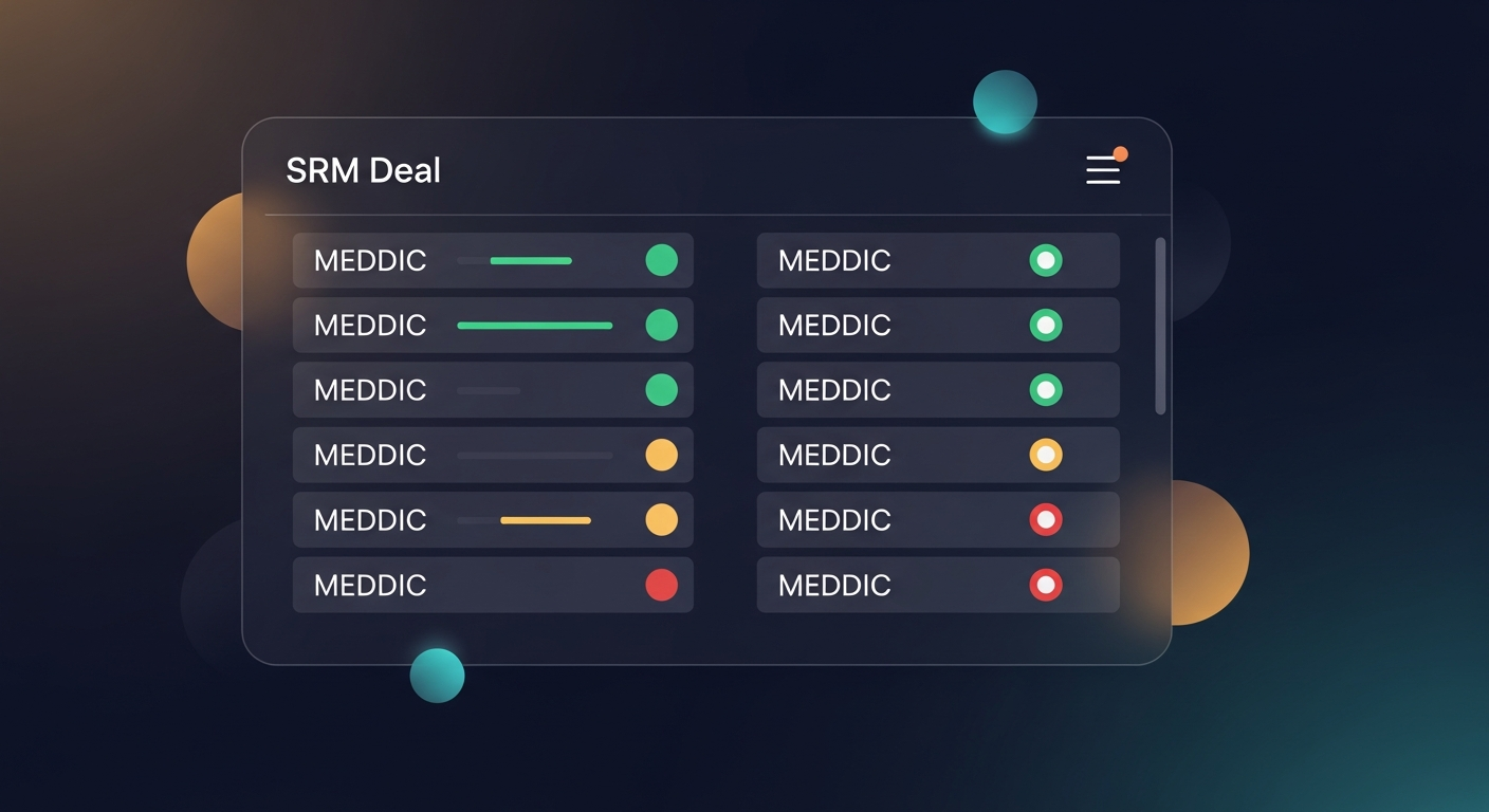 A CRM deal record (generic, no specific tool branding) with six MEDDIC-labeled custom fields filled in, showing Green/Yellow/Red indicators next to each field