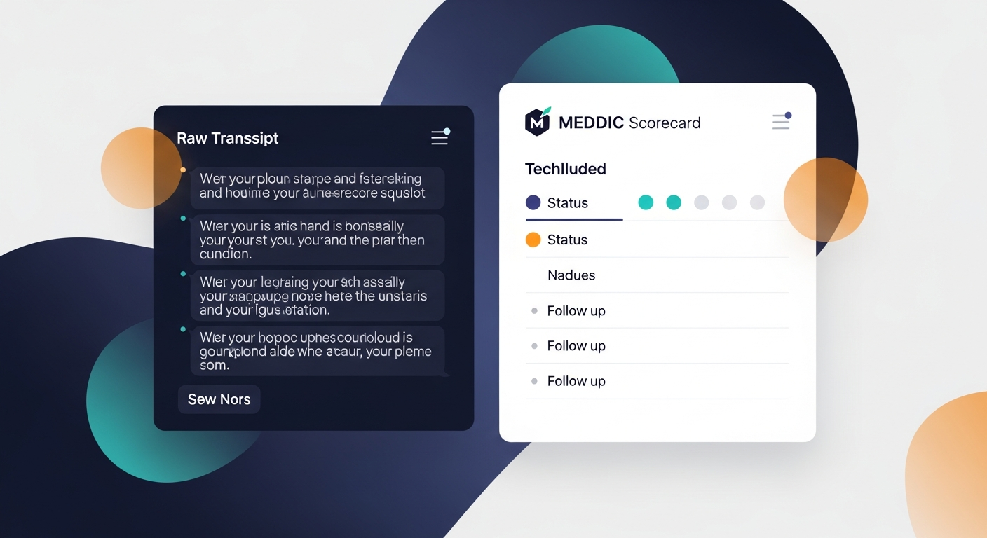 A split-screen showing a raw transcript snippet on the left and a completed MEDDIC scorecard on the right, with colored status indicators and follow-up question bullets