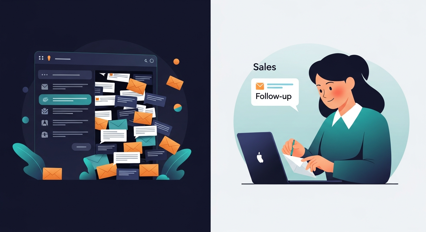 A split-screen showing an overflowing email inbox on one side and a calm, focused sales rep typing a short follow-up email on the other