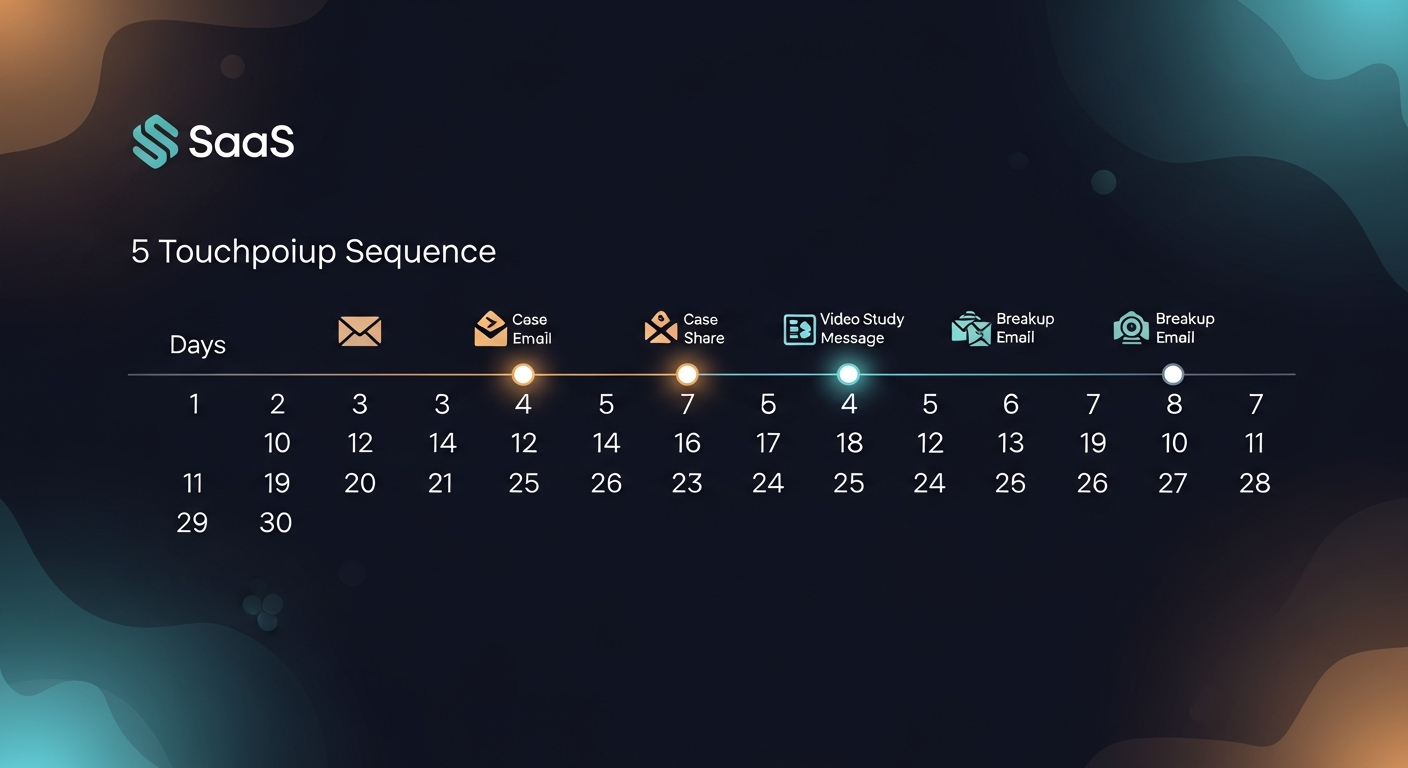 A visual timeline graphic showing a 5-touchpoint follow-up sequence with icons for email, case study share, video message, and breakup email, spaced across a 30-day calendar