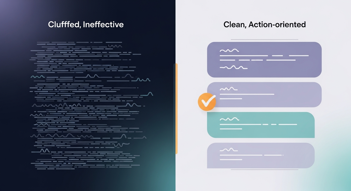 Side-by-side comparison of a cluttered, ineffective meeting recap email versus a clean, action-oriented version with clear sections