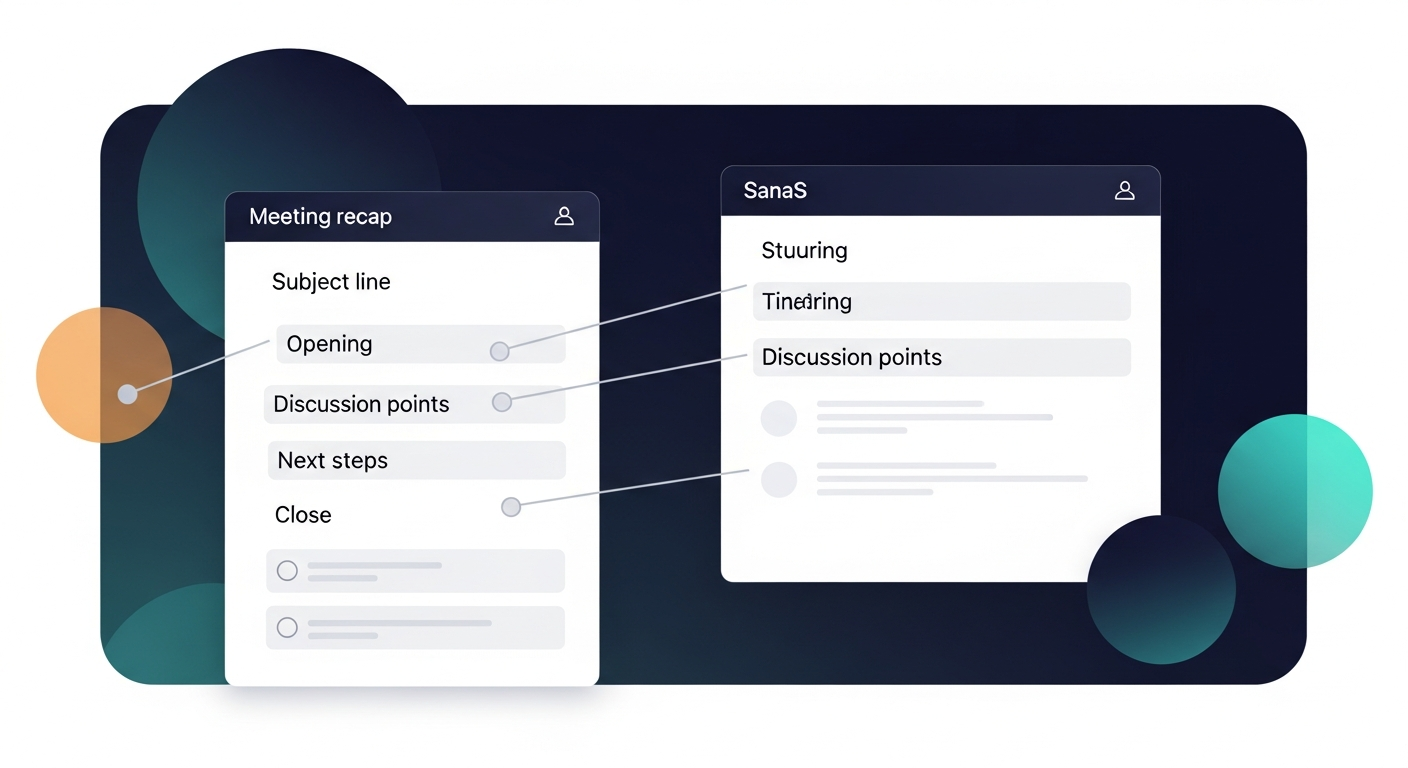 Annotated screenshot or template of a well-structured meeting recap email with callouts labeling each section — subject line, opening, discussion points, next steps, close