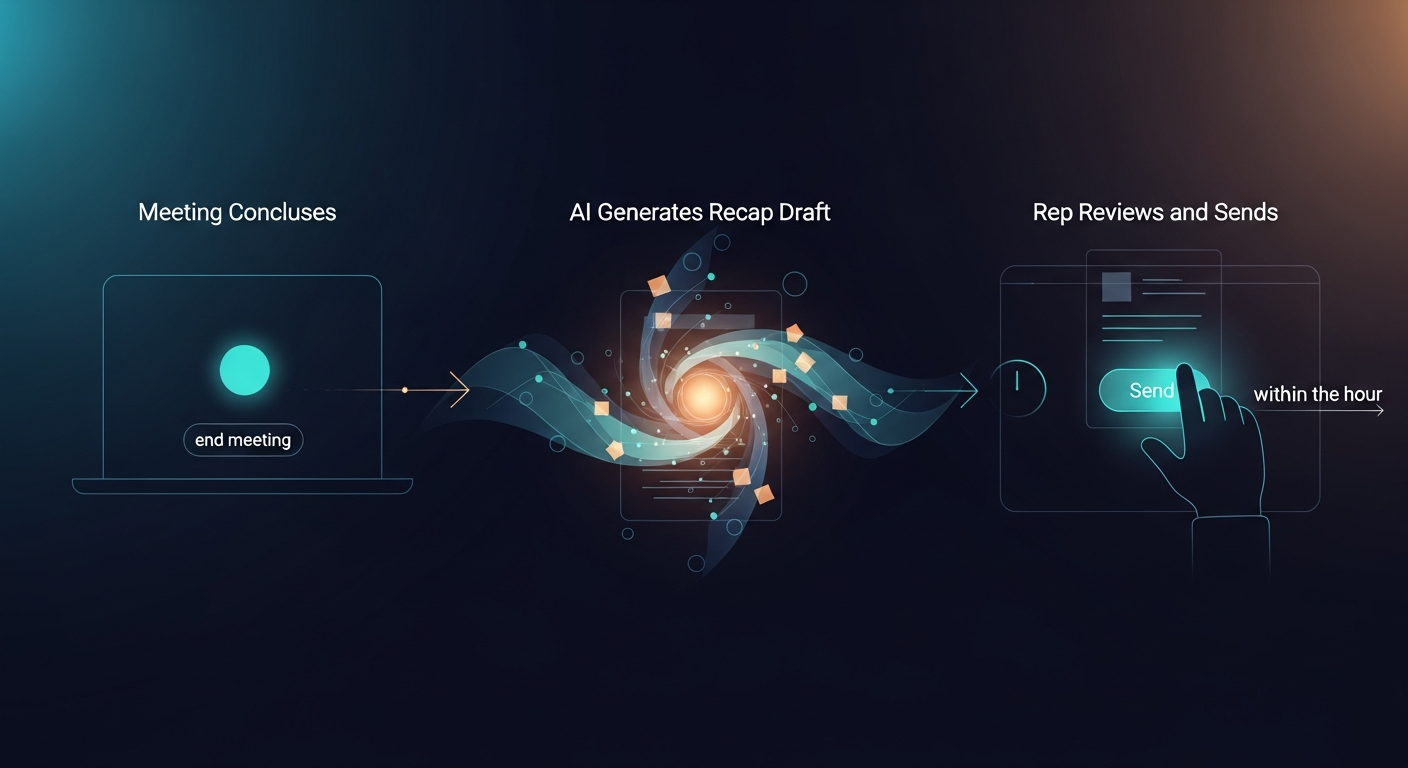 Illustration or screenshot showing a sales rep's workflow — meeting ends, AI generates recap draft, rep reviews and sends within the hour