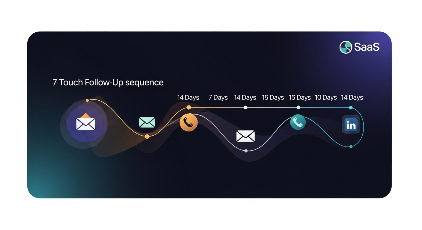 A visual timeline showing a 7-touch follow-up sequence mapped across 14 days, with icons for email, phone call, and LinkedIn touchpoints