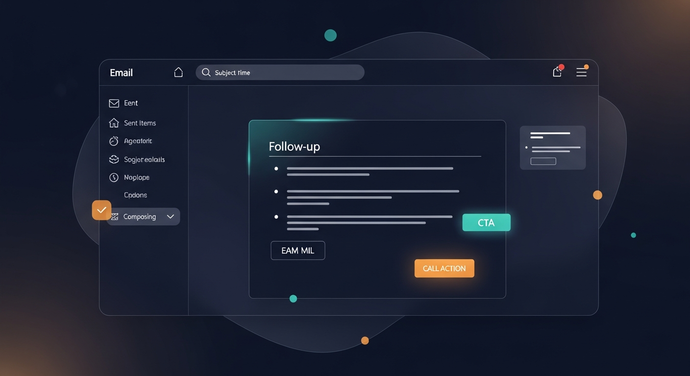 Screenshot of an email client with a well-structured follow-up email draft, highlighting subject line, bullet points, and clear CTA.