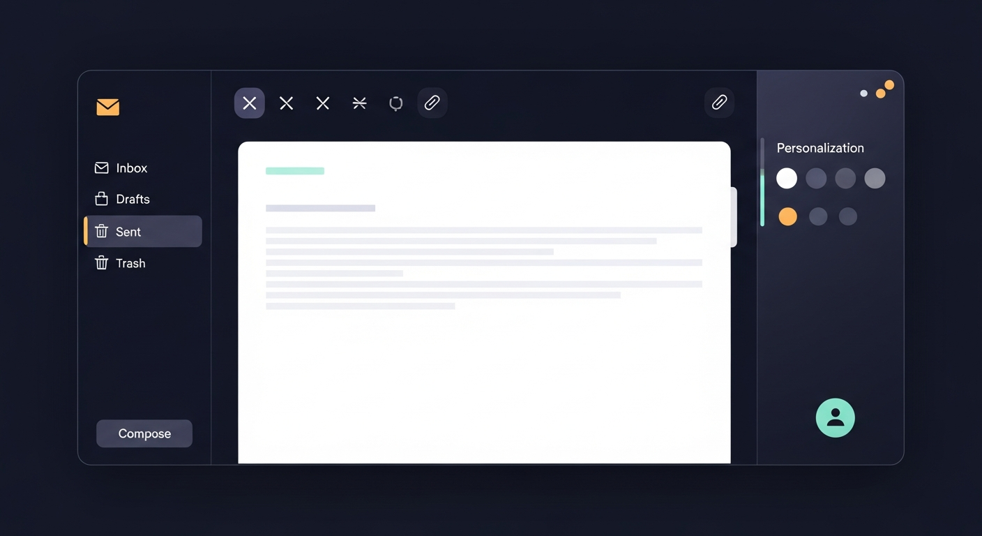 Illustration of a simple, clean UI for an email drafting tool, emphasizing ease of use and personalization options.