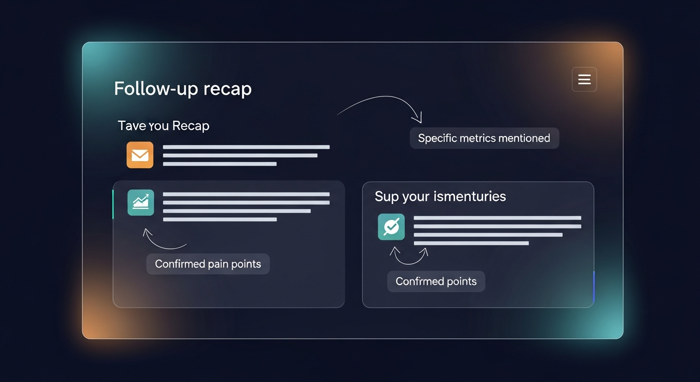 Screenshot showing a follow-up email with highlighted sections demonstrating the recap structure, with annotations pointing to key elements like specific metrics mentioned and confirmed pain points
