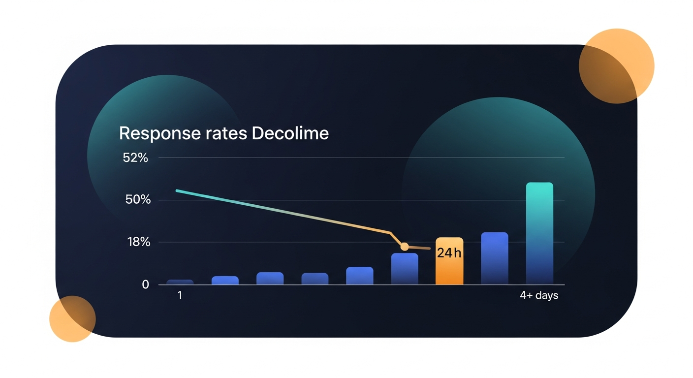 Bar graph showing response rates declining over time, from 52% at 1 hour to 18% at 4+ days, with 24 hours highlighted as the recommended sweet spot