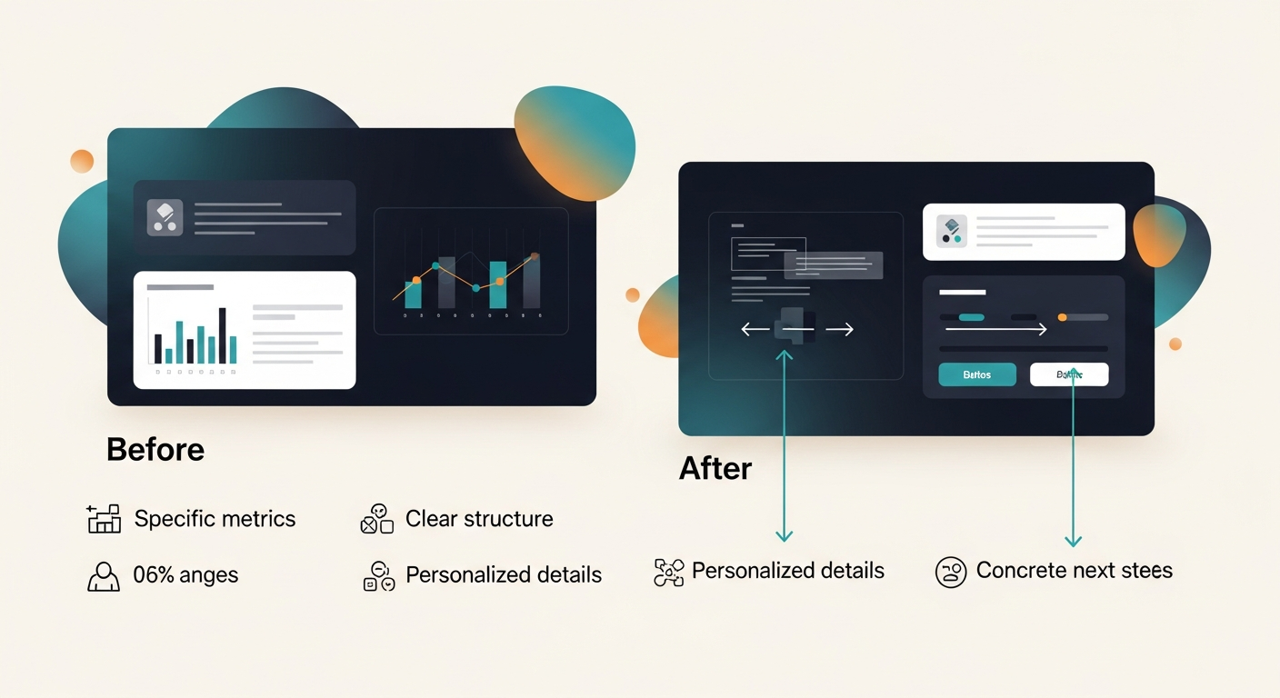 Side-by-side comparison of the before and after emails, with annotations highlighting the improvements: specific metrics, clear structure, personalized details, and concrete next steps