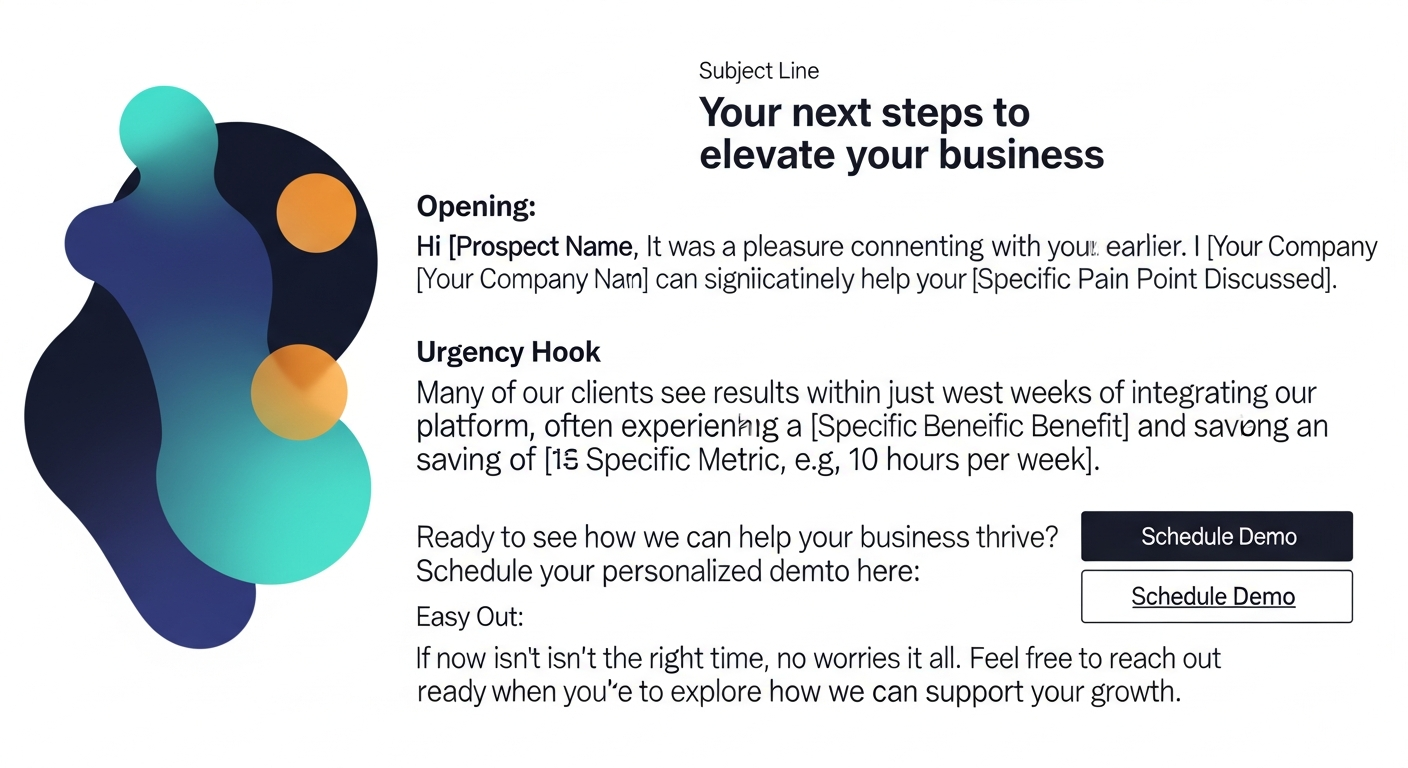 Example follow-up email mockup showing the structure described above — subject line, opening, urgency hook, single CTA, and the 'easy out' line — annotated with labels