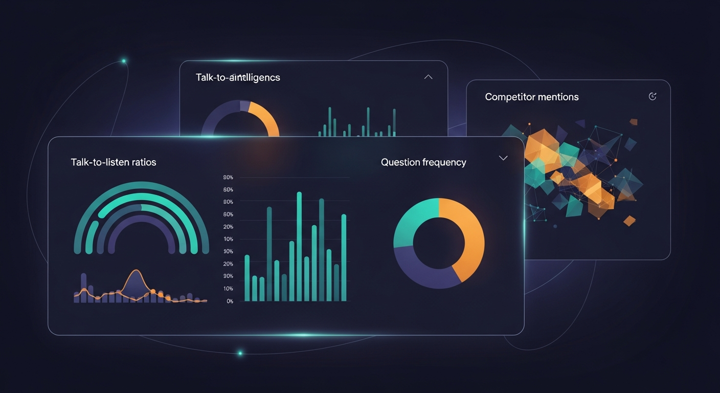 Dashboard comparison showing conversation intelligence metrics from different platforms, including talk-to-listen ratios, question frequency, and competitor mentions
