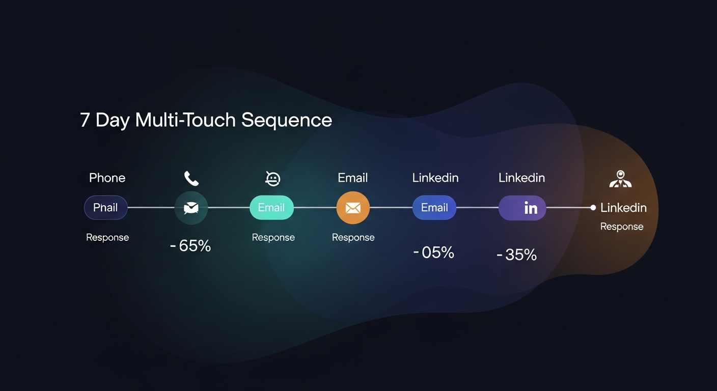 A visual timeline showing a 7-day multi-touch sequence with phone, email, and LinkedIn touchpoints mapped across the days with response rate indicators