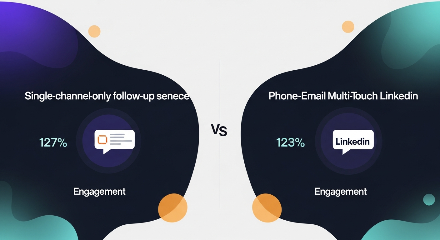 Side-by-side comparison showing a single-channel email-only follow-up sequence versus the full phone-email-LinkedIn multi-touch sequence with engagement metrics for each