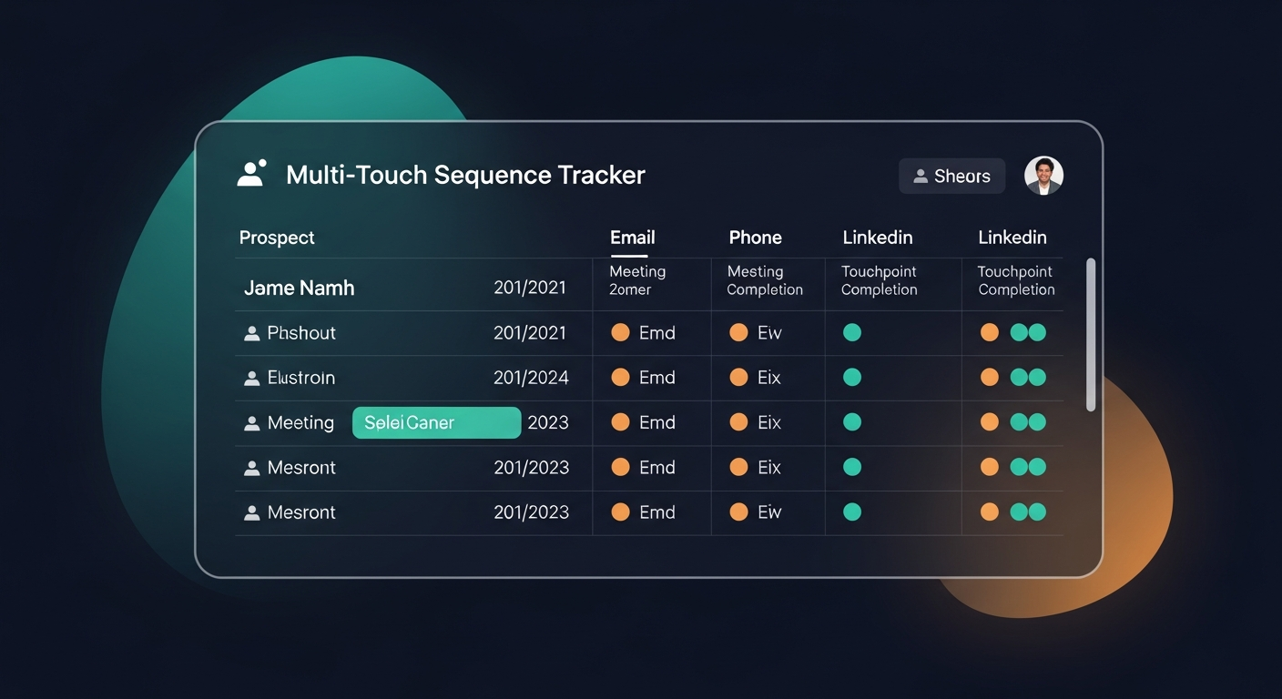 Screenshot mockup of a multi-touch sequence tracker showing prospect names, meeting dates, and color-coded touchpoint completion status across email, phone, and LinkedIn columns