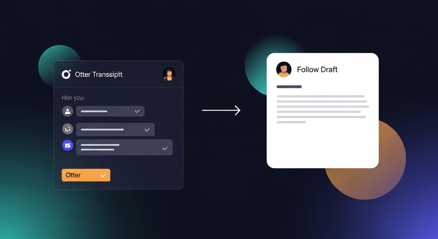 Screenshot of an Otter transcript on the left, a clean follow-up email draft on the right, with an arrow between them