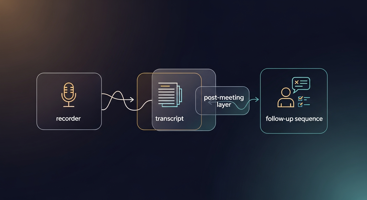 simple three-box diagram — recorder → transcript → follow-up sequence — with