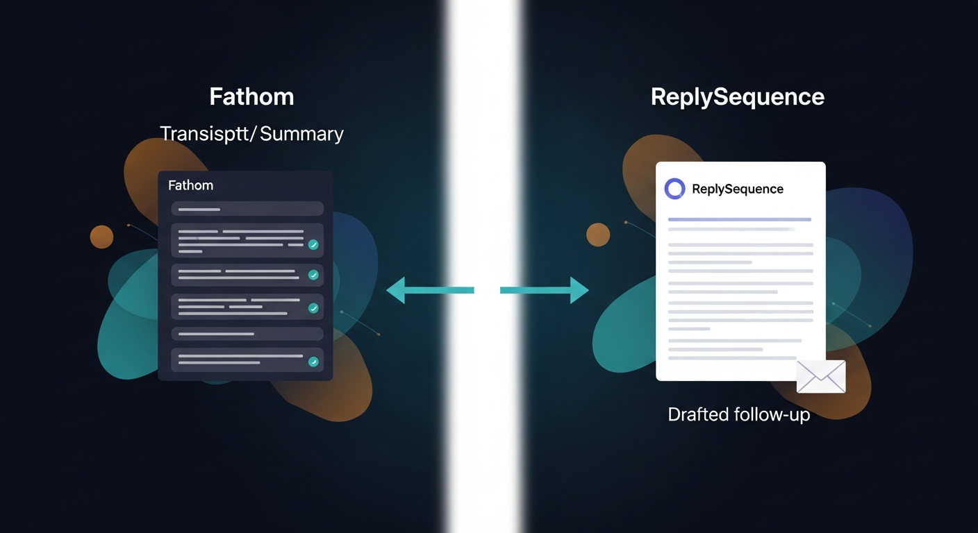Side-by-side flow showing Fathom outputting a transcript/summary on the left, ReplySequence outputting a drafted follow-up email on the right