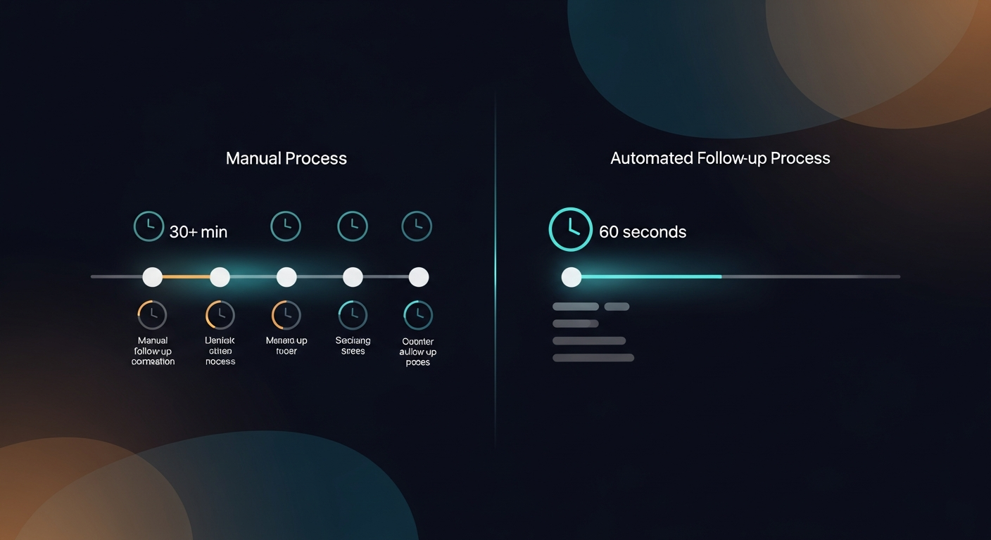 Side-by-side timeline showing manual follow-up process (30+ min) vs automated follow-up process (60 seconds), with clock icons and step labels