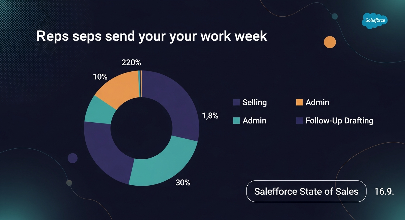 Pie chart showing how reps spend their work week — selling vs. admin vs. follow-up drafting vs. other tasks, based on Salesforce State of Sales data