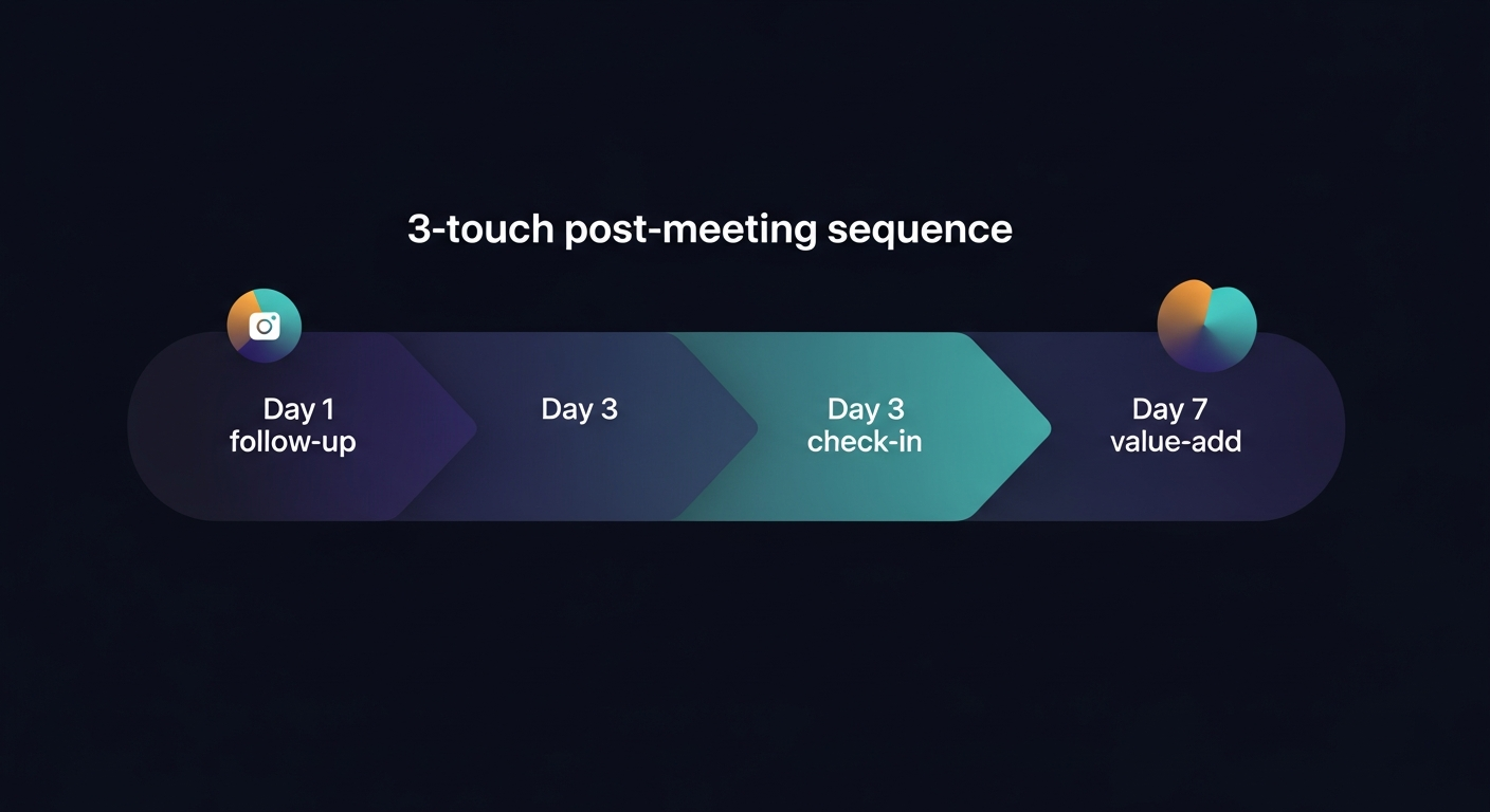 Example of a 3-touch post-meeting sequence timeline — Day 1 follow-up, Day 3 check-in, Day 7 value-add — shown as a horizontal workflow diagram