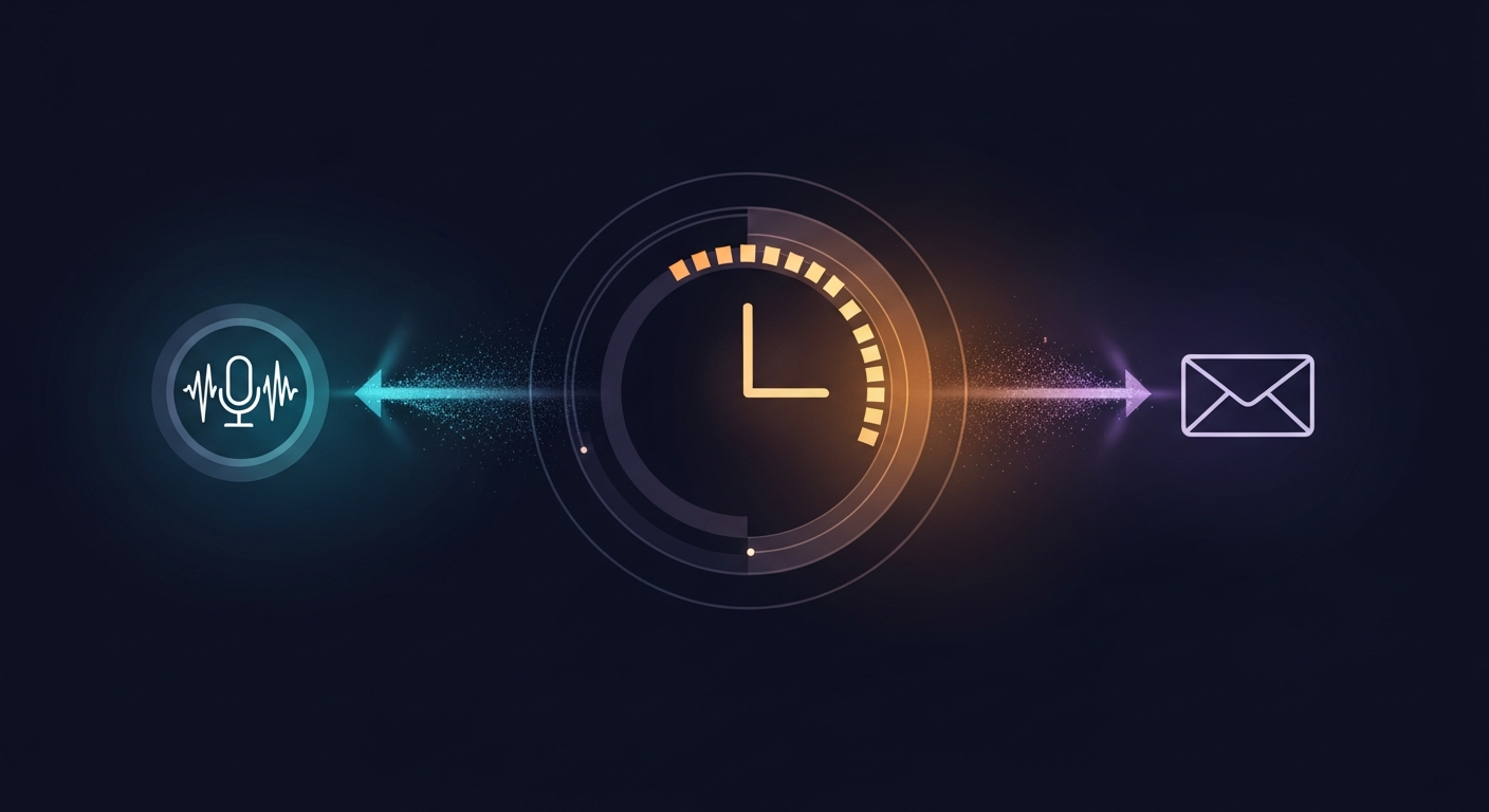 diagram showing the gap between meeting recording/transcription and the sent follow-up email, with a clock showing time elapsed