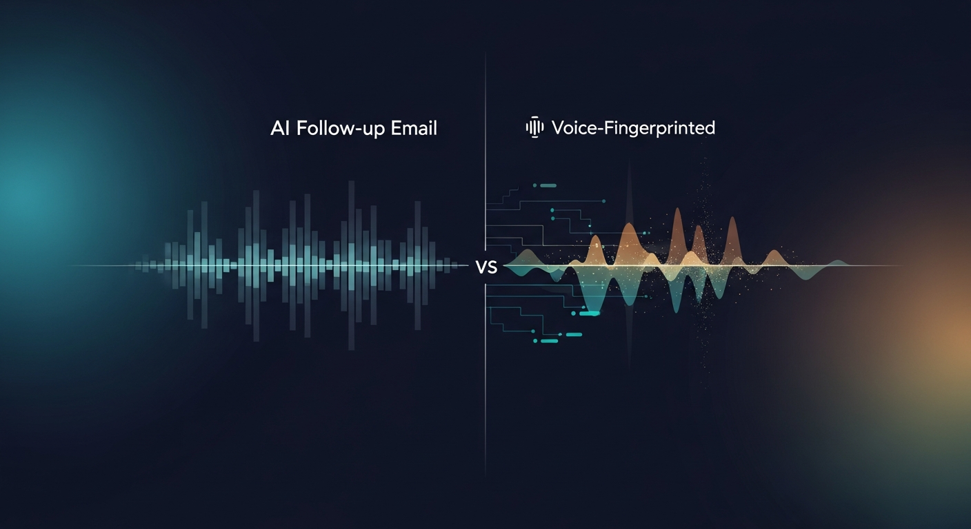 side-by-side example of a generic AI-generated follow-up email versus a voice-fingerprinted version that sounds natural and specific to the rep's communication style